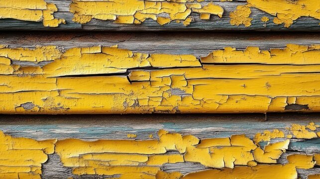 Close-up of weathered horizontal wooden boards with cracked yellow paint peeling to reveal blue undercoat and raw wood, evoking rustic decay and nostalgic wear