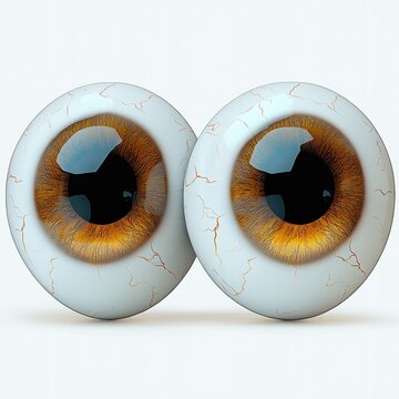 pair of glossy detached human eyeballs with amber irises and visible red veins on a white background, uncanny surreal close-up