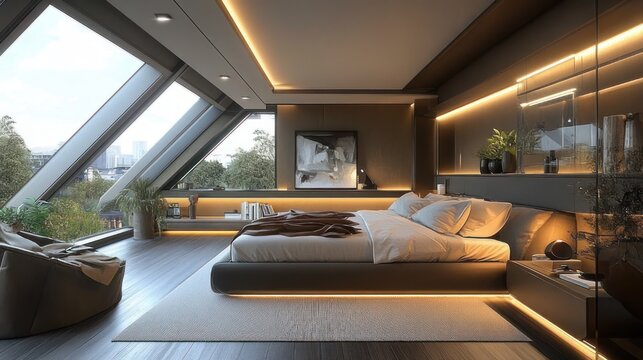 modern minimalist bedroom with platform bed, warm under-bed and cove lighting, large slanted skylight windows overlooking city skyline, indoor plants and cozy serene atmosphere