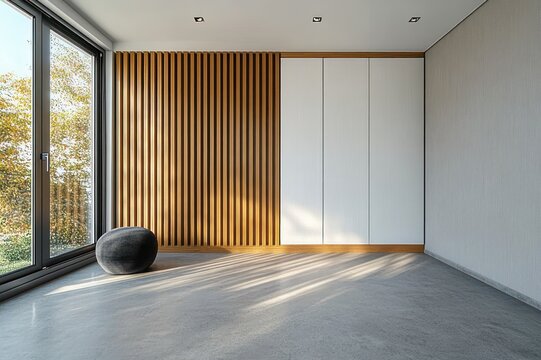 Minimalist modern room with wooden slat accent wall, large floor-to-ceiling window, gray pouf, white closet doors and soft sunlight creating a calm serene atmosphere