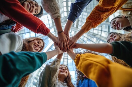 Low-angle view of a diverse group of young people in colorful sweaters joining hands in a circle, smiling and expressing unity, joy, and teamwork beneath a glass skylight