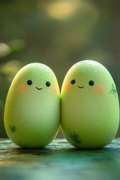 two dewy green egg-shaped characters with smiling faces and rosy cheeks leaning together in warm soft light, radiating gentle friendship and joy