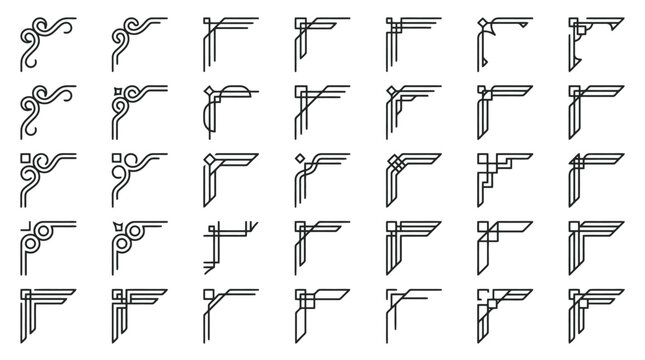 Art Deco corner borders set, 35 vintage geometric frame elements, black linear ornamental dividers for wedding invitations and certificates