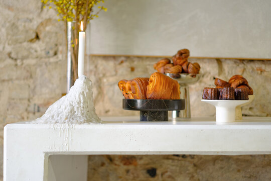 French Pastry Selection Bakery Table White Wax Melting Candle