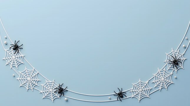 Black plastic spiders crawl across white spider webs on a soft pastel blue background creating a festive halloween holiday frame