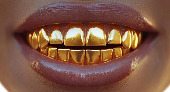 close-up of glossy lips smiling with shiny gold tooth grills reflecting light, conveying a confident bold and flashy expression