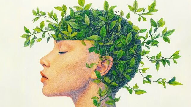 Side profile of a person with hair made of green leaves and vines, botanical foliage growing from the head on a pale background, face partially obscured by a blurred square, evoking calm introspection
