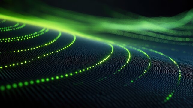glowing neon green dotted wave lines flowing over a dark textured surface, futuristic and hypnotic digital landscape conveying motion and calm