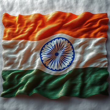 waving indian tricolor flag with saffron white and green bands and central navy wheel on textured fabric, dramatic warm lighting conveying pride and solemnity