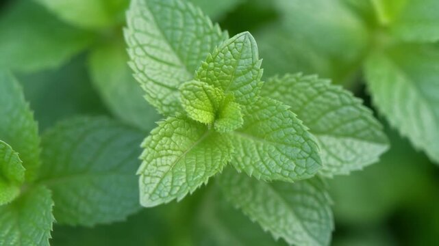 Fresh mint leaves with water droplets in soft natural light for culinary use and wellness concepts