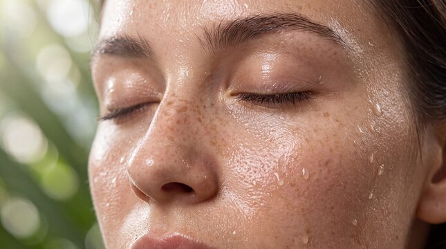 Close up of a woman with closed eyes and sweat drops on her face with freckles her skin visible sweat relaxation with exhausted