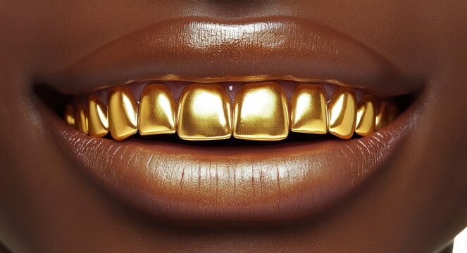 Close-up of smiling mouth with glossy lips and shiny gold tooth caps conveying confident bold glamour
