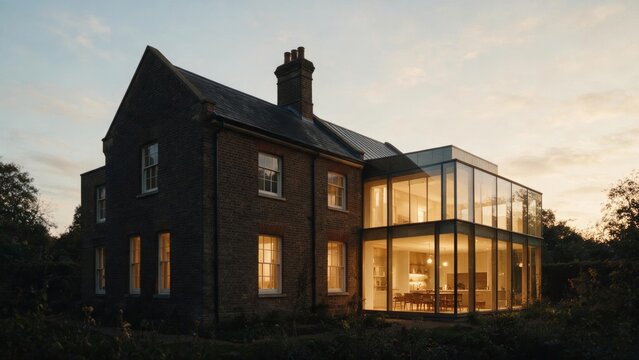 Victorian brick house with a contemporary glass box extension glowing warmly at dusk, blending period architecture with modern design - period property renovation trend