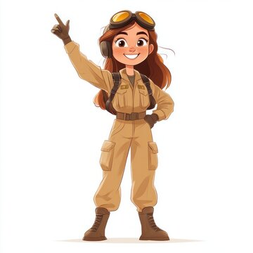 animated young aviator in tan flight suit with goggles and headset, backpack and gloves, brown boots, hand on hip and arm pointing upward in a confident triumphant pose