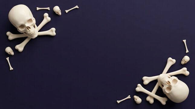Human skulls and various bones arranged as artistic borders against a deep purple background creating a minimalist halloween concept design