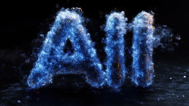 glowing blue fiery letters ai formed from smoke, sparks, and electric particles on a dark reflective surface, futuristic, intense and dynamic