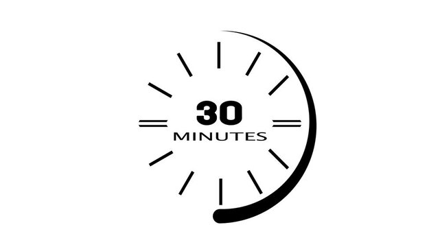 Clock 30 minutes duration timer countdown animation on white background.