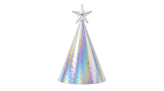 Iridescent cone party hat with silver star topper, festive holographic celebration decoration for birthdays and holidays transparent PNG isolated c...