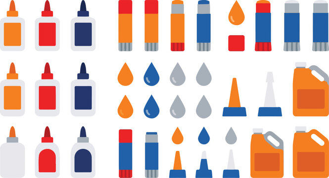 Set of glue bottles glue sticks and adhesive drops icons vector illustration