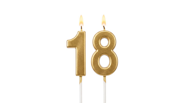 Gold number 18 birthday candles with flames for eighteenth birthday celebration, anniversary party, milestone age transparent PNG isolated cutout f...