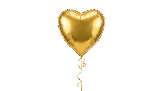 Gold heart shaped foil balloon with curling ribbon for romantic celebration, anniversary, wedding or party design transparent PNG isolated cutout f...