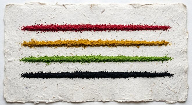 Four Horizontal Lines of Vibrant Spices Poured on Textured Handmade Paper