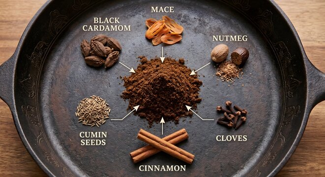 Educational Garam Masala Spice Breakdown Diagram in Skillet with Text Labels