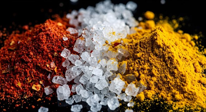 Vibrant Piles of Paprika, Coarse Sea Salt, and Turmeric Powder on a Sleek Black Background