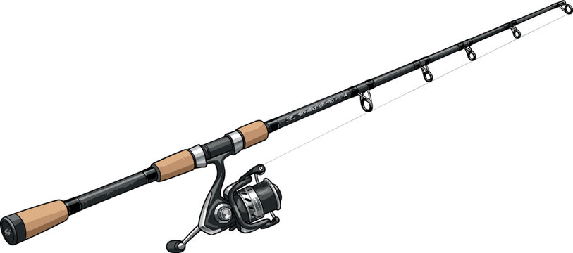 Professional spinning fishing rod vector illustration featuring a realistic graphite pole cork handle and metallic spinning reel isolated on white background