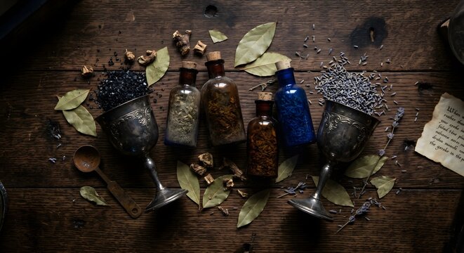 Antique Glass Spice Bottles with Cork Stoppers and Old Metal Goblets on a Dark Table