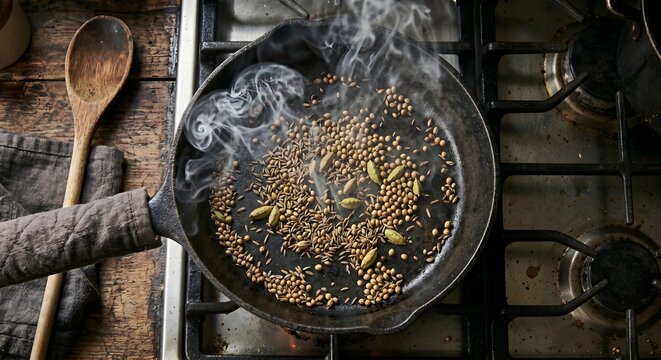 A Sizzling Cast Iron Skillet Full of Spices Toasting with Steam Rising on a Gas Stove