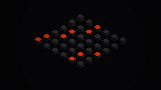 Abstract 3D isometric animation of dark cubes with glowing orange highlights
