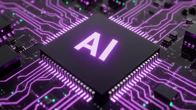 Glowing AI chips on circuit board with data flow during futuristic technology development