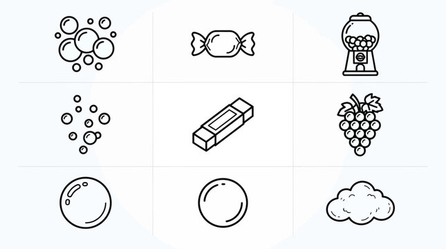 Set of Bubble Gum Sweet Candy and Round Bubbles Line Icons