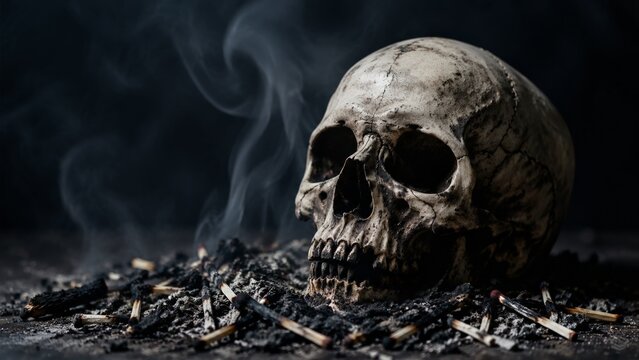 Dramatic dark still life composition of a weathered cracked human skull resting on a pile of gray ash surrounded by scattered burnt and unburnt wooden matches with thin wisps of smoke