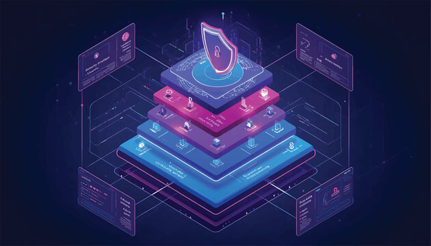 Isometric cyber security shield pyramid with glowing digital layers and data