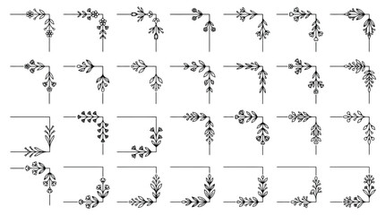Fototapeta premium Minimalist geometric corner borders, set of 28 black line art frame elements, decorative floral corner ornaments for wedding invitations