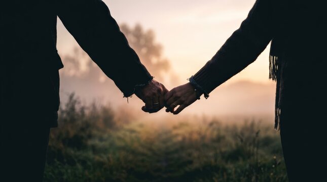 A close up view of a couple holding hands gently while walking through a misty field at sunrise, symbolizing the emotional transition of divorce and new beginnings