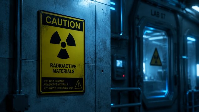 Radioactive materials caution sign with black trefoil symbol bolted to a concrete wall inside a dimly lit industrial research facility corridor bathed in blue emergency lighting with a
