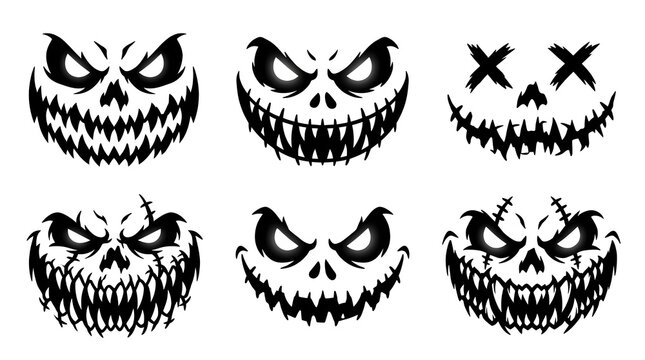 Set of scary halloween pumpkin faces with jagged teeth and evil eyes for holiday decoration designs
