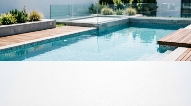 Modern Swimming Pool with Wooden Deck and Glass Fence for Luxury Lifestyle
