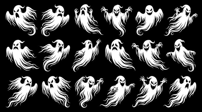 Collection of hand drawn white ghosts isolated on black background for spooky halloween party design elements