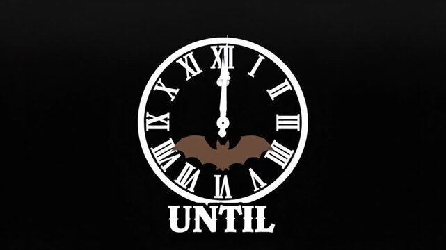 Animated clock countdown with roman numerals and brown bat symbol indicating time until midnight in this dark digital motion footage