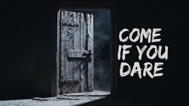 Creepy old weathered wooden door standing open in a dark mysterious room cinematic motion footage for horror film projects today