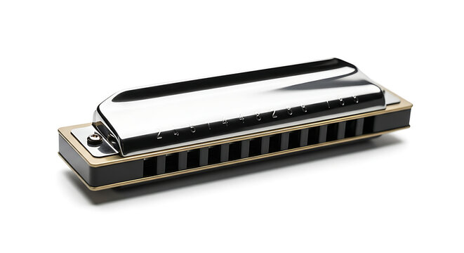 A shiny silver harmonica with a gold trim isolated on a clean white background