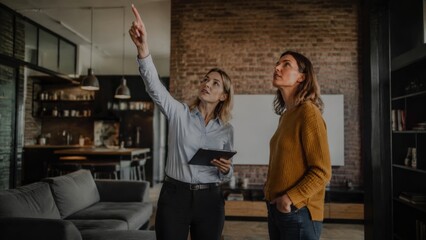 Obraz premium A female realtor in a blue shirt points upward while holding a tablet, guiding a client in a mustard sweater through a loft with brick walls and hanging pendant lights