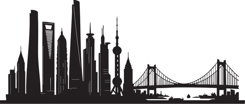 Adobe Illustrator Artwork of Modern city skyline silhouette featuring iconic skyscrapers and suspension bridge, black on solid white background, ultra-sharp vector outline.