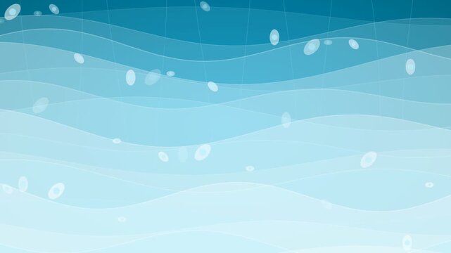 Abstract blue wavy background with floating bubbles and grid pattern.