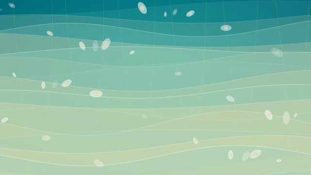Abstract teal and green wavy background with floating oval elements and a subtle grid.