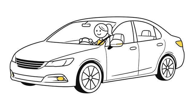simple stick figure illustration depicts with woman driving modern car